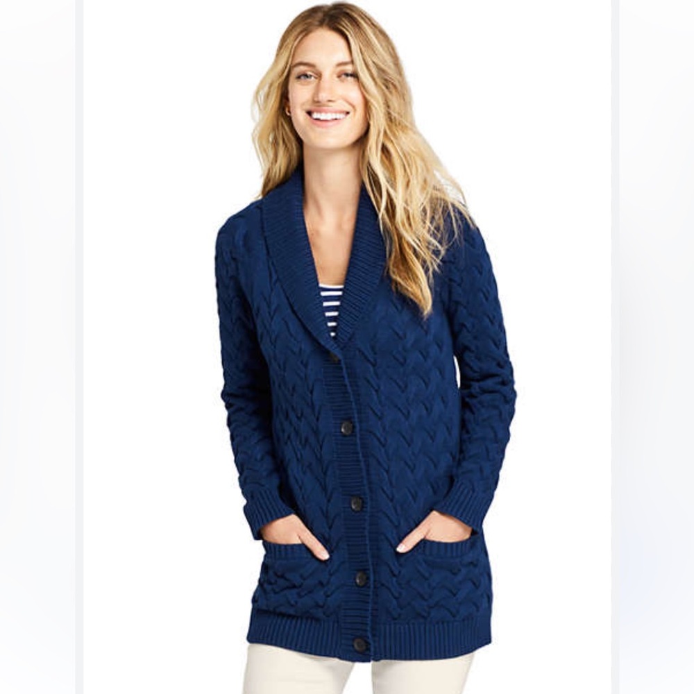 Lands End Cable Knit Cardigan‎ Sweater Navy Medium Shawl Collar Grandmacore